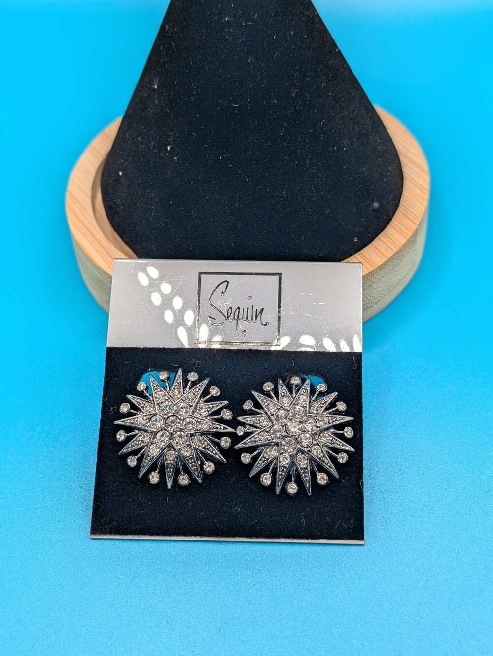 Sequin Silver Crystal Starburst Stud Earrings - Clip On